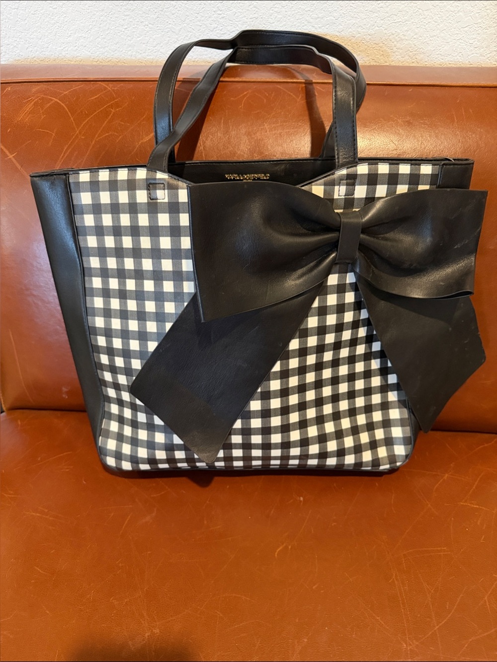 Karl Lagerfeld Canelle Black & White Gingham Tote with Oversized Bow